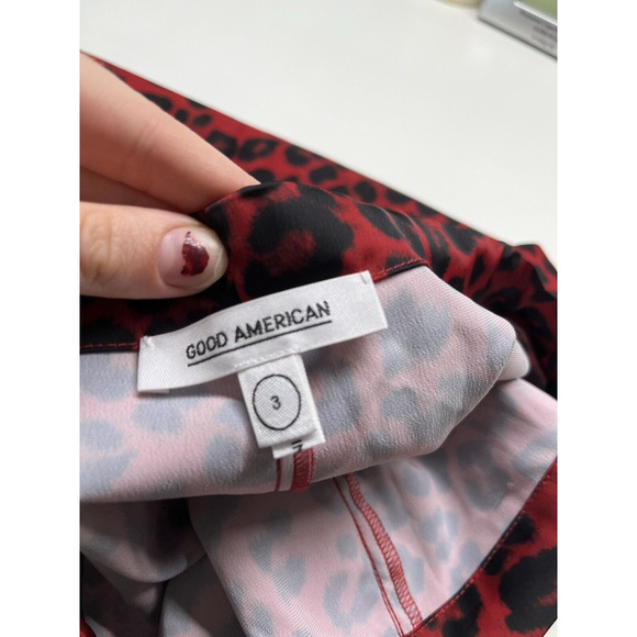 Good American Pajama Pants Large 3 Satin Drawstring Red Leopard Animal Stretch - Picture 10 of 16